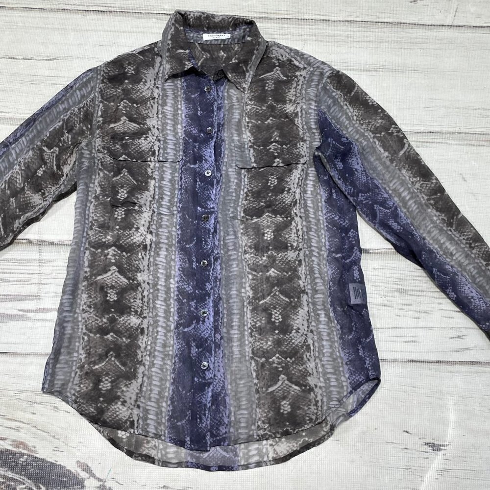 Equipment Blouse Top Snakeskin Print Silk Shirt Blue Grey Small